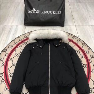 Moose Knuckles Black Windbreaker with White Fur Trim